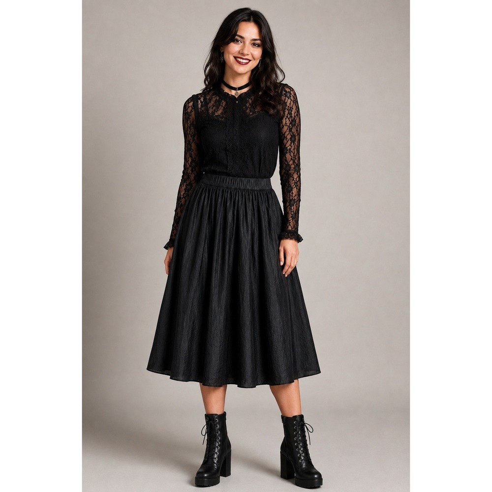 Alfani Womens Black Midi Flare Skirt Gothcore Whimsy Elastic Waist Size M Lined